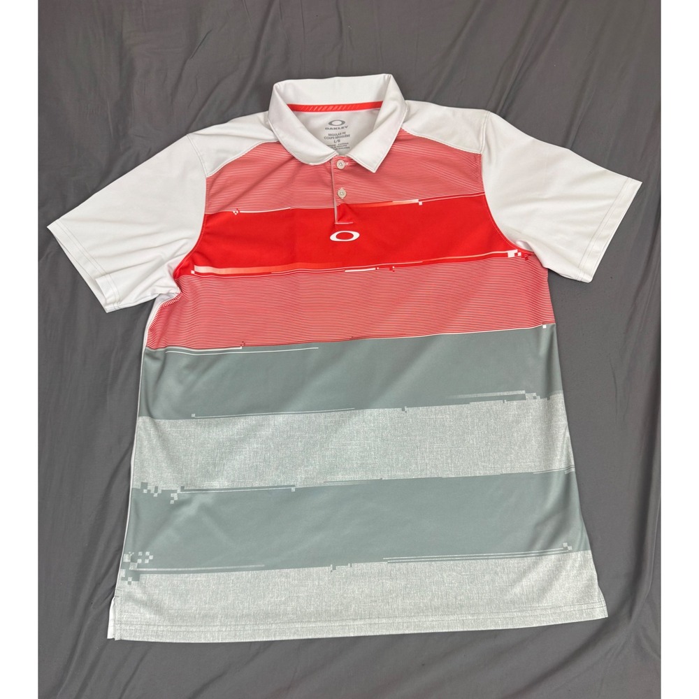 Oakley Mens O-Hydrolix‎ Golf Polo Shirt Large Red White Grey Glitch Stripe Logo